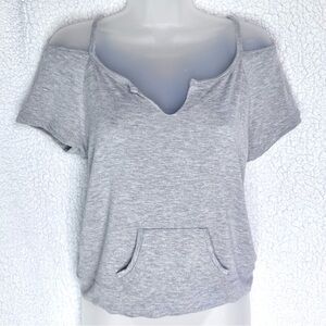 Pristine Philosophy off-the-shoulder fleece top, split-neck & pockets